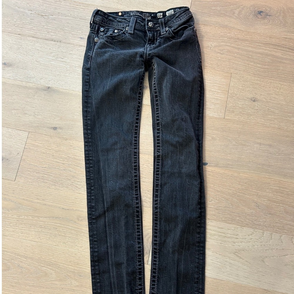 Miss Me Girls Black Skinny Jeans Size 16 JK562952 Contrast Stitch Embellished